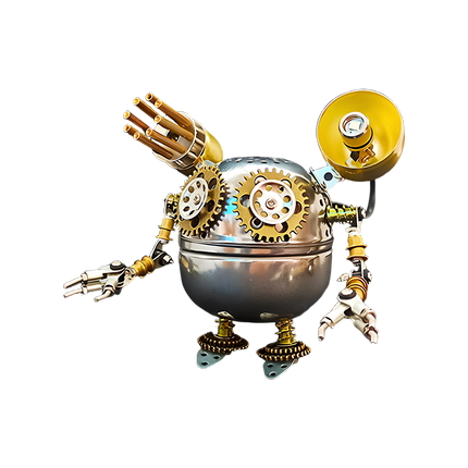 Steampunk Mechanical Robot 3D Puzzle Metal Kit (Gear-Driven Industrial Design) - A captivating DIY toy for mechanics and steampunk enthusiasts, this self-assembled piece features a mechanical robot with prominent golden gears, articulated metallic limbs, and industrial-style components like the multi-tube device and horn-shaped structure. It embodies the fusion of retro-futuristic charm and mechanical ingenuity, inviting you to craft a detailed piece of steampunk artistry with precision and creativity.