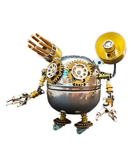 Steampunk Mechanical Robot 3D Puzzle Metal Kit (Gear-Driven Industrial Design) - A captivating DIY toy for mechanics and steampunk enthusiasts, this self-assembled piece features a mechanical robot with prominent golden gears, articulated metallic limbs, and industrial-style components like the multi-tube device and horn-shaped structure. It embodies the fusion of retro-futuristic charm and mechanical ingenuity, inviting you to craft a detailed piece of steampunk artistry with precision and creativity.