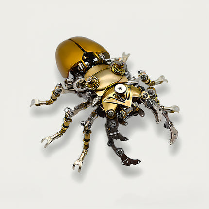 This is a steampunk-style mechanical beetle 3D metal puzzle craft: Made of gold and silver-toned metal, it replicates the beetle’s form—featuring a shiny gold curved shell, with gears, axles and other mechanical components densely embedded in the body and multiple legs. Rich in details and exquisite in craftsmanship, it retains the beetle’s biological silhouette while enhancing a sense of technology and metallic texture through vintage industrial-style mechanical elements