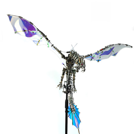 A magnificent mechanical dragon metal model kit, featuring dazzling wings, is artfully displayed on a stand. This intricate DIY 3D puzzle makes a stunning decorative piece, soaring against a pure white backdrop.