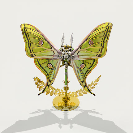 Luna moth-inspired mechanical moth DIY 3D puzzle metal kits - nature-themed assembly craft with vivid green wing patterns, finished as fresh funny table decor for sunrooms/plant corners, featuring intricate gearwork & gilded laurel stand