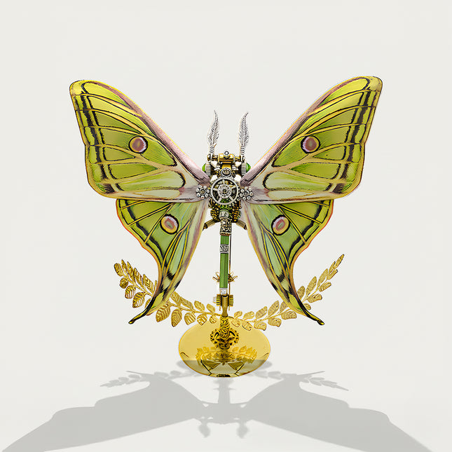 Luna moth-inspired mechanical moth DIY 3D puzzle metal kits - nature-themed assembly craft with vivid green wing patterns, finished as fresh funny table decor for sunrooms/plant corners, featuring intricate gearwork & gilded laurel stand
