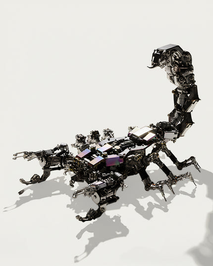3D Puzzle Metal Kits Mechanical Scorpion Artwork - An intricate creation for DIY enthusiasts, mechanical design lovers, and decor admirers, this piece is a fully assembled mechanical scorpion built from 3D puzzle metal kits. It features a detailed, articulated structure with metallic iridescent accents and exposed gear mechanics, plus a dynamic, poseable design. Highlighted by its precision metal puzzle craftsmanship, industrial-mechanical aesthetics, and movable joints (claws, tail, legs)