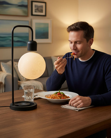 The floating moon table lamp rests on a magnetic levitation black curved stand, placed on the dining table to cast a warm ambient glow beside those enjoying their meal.