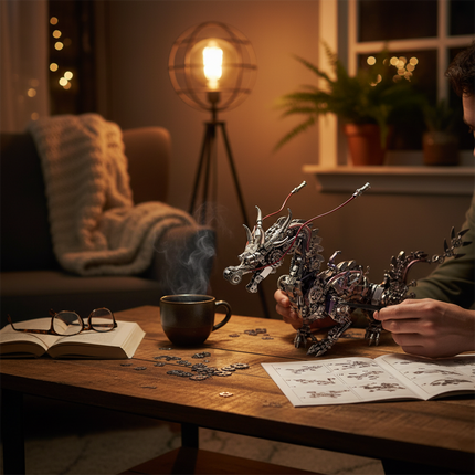 A person engrossed in assembling a detailed steampunk dragon metal model, a challenging DIY 3D puzzle metal kit, on a cozy funny table, surrounded by puzzle pieces, instructions, and a steaming cup.