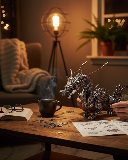 A person engrossed in assembling a detailed steampunk dragon metal model, a challenging DIY 3D puzzle metal kit, on a cozy funny table, surrounded by puzzle pieces, instructions, and a steaming cup.