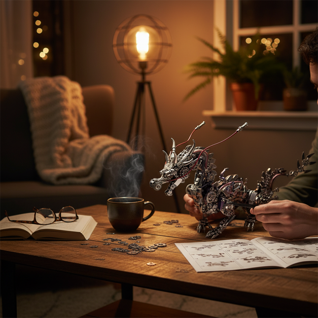 A person engrossed in assembling a detailed steampunk dragon metal model, a challenging DIY 3D puzzle metal kit, on a cozy funny table, surrounded by puzzle pieces, instructions, and a steaming cup.