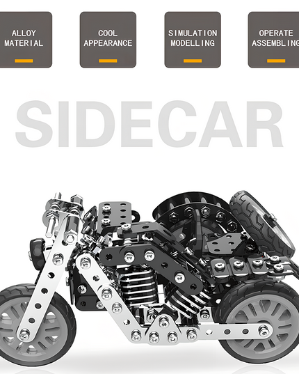 DIY 3D puzzle metal model sidecar motorcycle with alloy panels, functioning springs, a spare wheel and detailed handlebars—assembled from precision Metal Kits