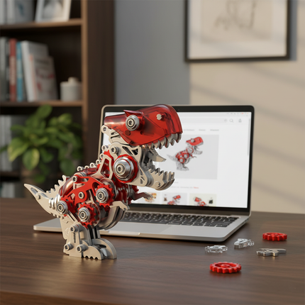 A partially assembled T-Rex 3D puzzle metal model, a DIY metal kit, standing on a wooden desk with a laptop displaying the product page in the background. This funny table accessory combines mechanical design with prehistoric charm.