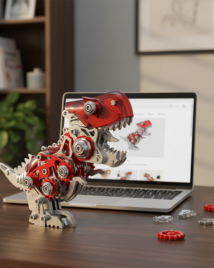 A partially assembled T-Rex 3D puzzle metal model, a DIY metal kit, standing on a wooden desk with a laptop displaying the product page in the background. This funny table accessory combines mechanical design with prehistoric charm.