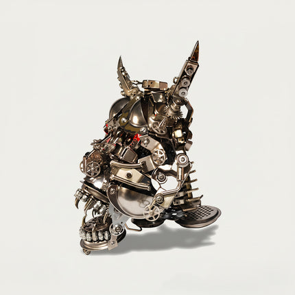 A striking mechanical beast head Metal Model Kits with sharp horns and glowing red eyes, assembled from intricate parts. This unique DIY 3D puzzle makes a formidable and funny table centerpiece or display.