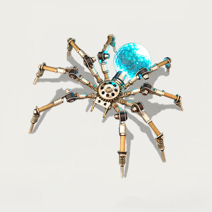 Table Funny 3D Puzzle Metal Kits Spider-Form Artwork - A futuristic luminous creation for DIY enthusiasts, industrial/mechanical design lovers, and decor admirers, this piece from Table Funny is an elaborate spider-form artwork assembled from 3D puzzle metal kits. It features a brass-silver metallic structure paired with a glowing cyan glass spherical core, articulated multi-jointed legs (with copper-textured segments), and exposed gear mechanics