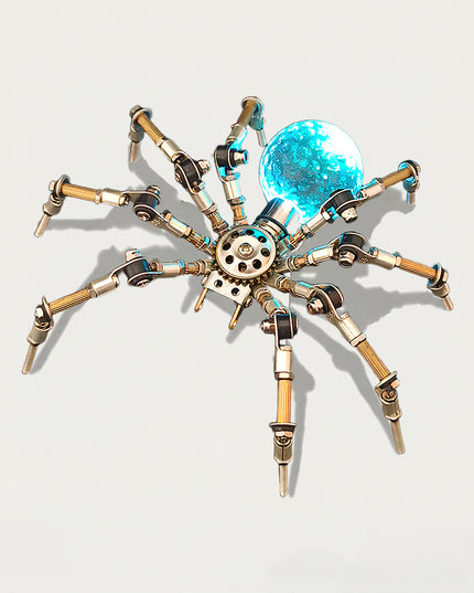 Table Funny 3D Puzzle Metal Kits Spider-Form Artwork - A futuristic luminous creation for DIY enthusiasts, industrial/mechanical design lovers, and decor admirers, this piece from Table Funny is an elaborate spider-form artwork assembled from 3D puzzle metal kits. It features a brass-silver metallic structure paired with a glowing cyan glass spherical core, articulated multi-jointed legs (with copper-textured segments), and exposed gear mechanics