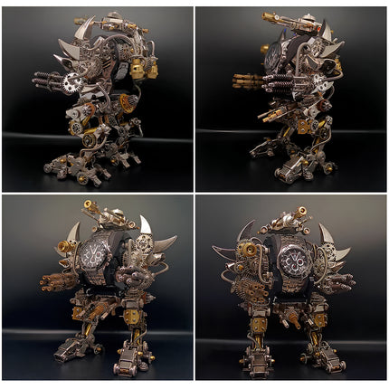 Multi-angle display of a mechanical steampunk robot Taurus metal model 3D puzzle Metal Kit, featuring front, side, and rear views. It highlights the intricate chrome and brass armor, exposed gears, mounted multi-barrel weapons, and the integrated functional watch face. This highly detailed steam punk mech is a challenging and impressive steampunk puzzle for collectors.
