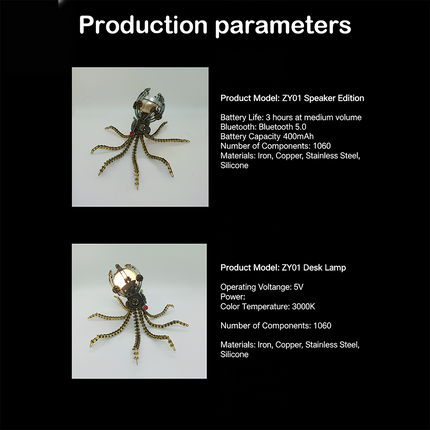 Steampunk Mechanical Octopus 3D Puzzle Metal Kit (Dual-Model Production Parameters Edition) - A comprehensive fun toy for mechanics, tech lovers, and design enthusiasts, this kit offers two models: ZY01 Speaker Edition (with Bluetooth 5.0, 400mAh battery, 3-hour medium-volume playtime) and ZY01 Desk Lamp (5V operation, 3000K color temperature).