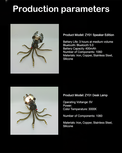 Steampunk Mechanical Octopus 3D Puzzle Metal Kit (Dual-Model Production Parameters Edition) - A comprehensive fun toy for mechanics, tech lovers, and design enthusiasts, this kit offers two models: ZY01 Speaker Edition (with Bluetooth 5.0, 400mAh battery, 3-hour medium-volume playtime) and ZY01 Desk Lamp (5V operation, 3000K color temperature).