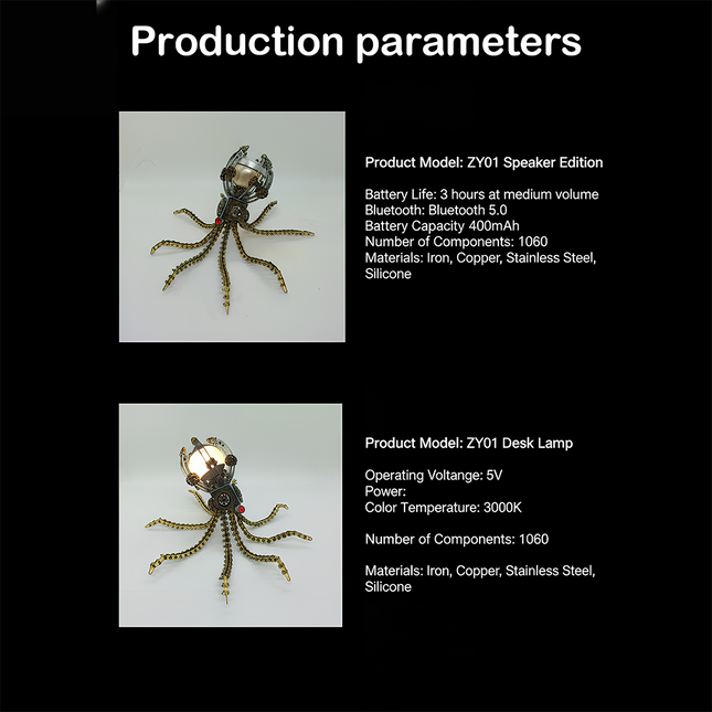 Steampunk Mechanical Octopus 3D Puzzle Metal Kit (Dual-Model Production Parameters Edition) - A comprehensive fun toy for mechanics, tech lovers, and design enthusiasts, this kit offers two models: ZY01 Speaker Edition (with Bluetooth 5.0, 400mAh battery, 3-hour medium-volume playtime) and ZY01 Desk Lamp (5V operation, 3000K color temperature).