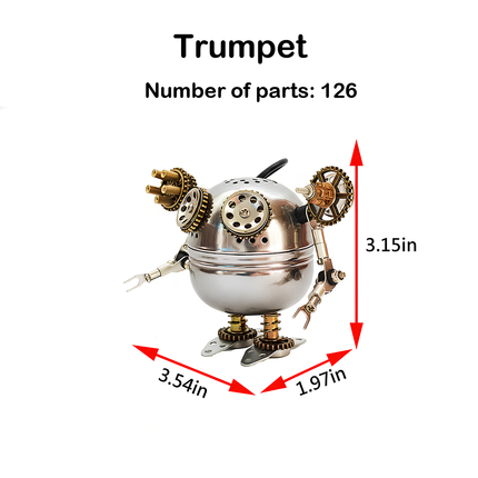 This Trumpet Mechanical Robot 3D puzzle Metal Kit has 126 parts and measures 3.54in×1.97in×3.15in. It features a steampunk design with metal gears and a stainless-steel body. The assembly is moderately challenging, and the finished product, with its unique mechanical details, serves as a charming focal point for your funny table, ideal for steampunk lovers and puzzle beginners, adding a touch of industrial-mechanical charm to your space.