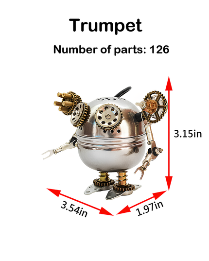 This Trumpet Mechanical Robot 3D puzzle Metal Kit has 126 parts and measures 3.54in×1.97in×3.15in. It features a steampunk design with metal gears and a stainless-steel body. The assembly is moderately challenging, and the finished product, with its unique mechanical details, serves as a charming focal point for your funny table, ideal for steampunk lovers and puzzle beginners, adding a touch of industrial-mechanical charm to your space.