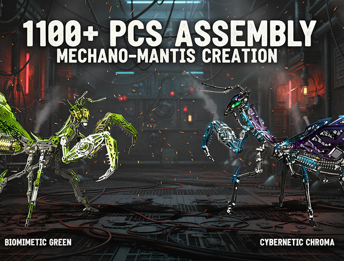 Two intricate Mecho-Mantis Metal Kits, "Biomimetic Green" and "Cybernetic Chroma," showcasing over 1100+ pieces. Perfect for a challenging DIY 3D puzzle and a stunning funny table centerpiece.