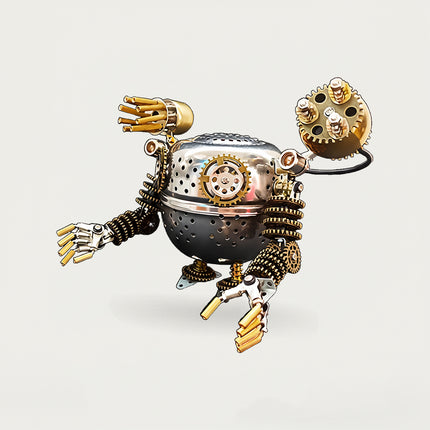 Table Funny 3D puzzle Metal Kits: Intricate DIY metal model of a steampunk robot with heavy plating, multi-barrel arm, and detailed gear joints for desk display 