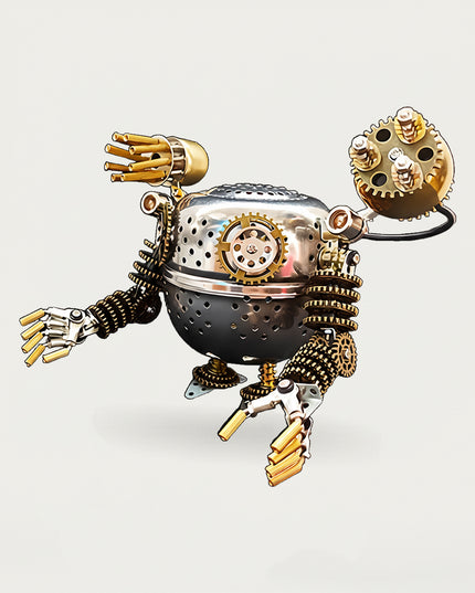Table Funny 3D puzzle Metal Kits: Intricate DIY metal model of a steampunk robot with heavy plating, multi-barrel arm, and detailed gear joints for desk display 