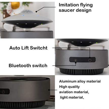 Key features of the magnetic levitation UFO speaker: auto-lift switch, Bluetooth control, and premium aluminum alloy base
