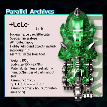  "Lele" Triceratops mechanical steampunk metal model details, including specifications like material (stainless steel, aluminum), parts count (~160), and assembly difficulty. This 3D puzzle metal kit is a charming steampunk puzzle.