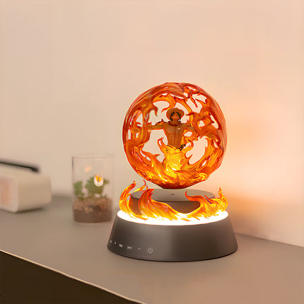 Magnetic levitation flame globe with anime character floating inside, LED-lit speaker base, desk decor for fans of fantasy and tech.