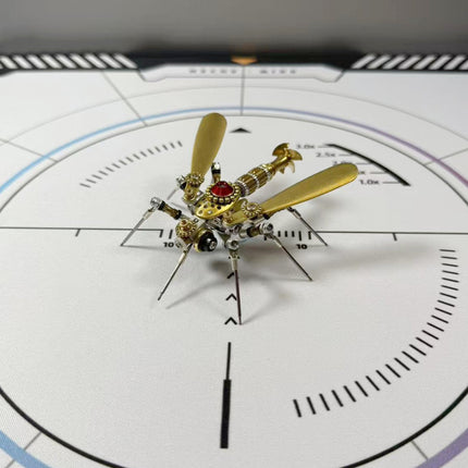  Detailed steam punk mech insect model, a steampunk puzzle metal kit resembling a mosquito with golden wings and intricate components.