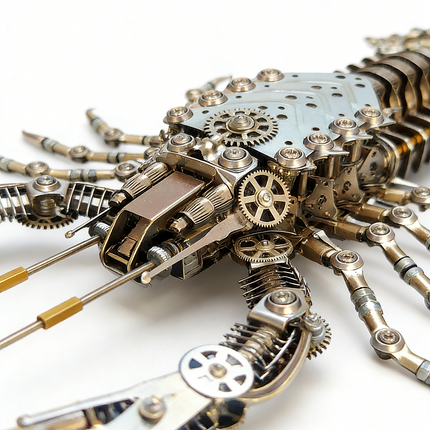 A close-up of a meticulously crafted steampunk mech shrimp maquette en metal, showcasing its intricate gears, metallic shell, and articulated legs. This detailed 3D metal model kit highlights the precision of a challenging steampunk puzzle.