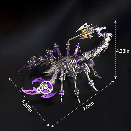 Dimensions of the purple mechanical scorpion **metal model kit** (7.09in x 6.69in x 4.33in), illustrating the desktop scale of this **puzzle mécanique métal**.