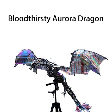 Bloodthirsty Aurora Dragon" mecha model: Dazzling iridescent aurora-themed wings (shifting rainbow hues in light), intricately interlocked matte-black metallic skeletal segments, sharply sculpted clawed limbs, & a menacingly dynamic pose—this masterfully assembled 3D puzzle metal kit blends futuristic mechanical edge with mythical dragon ferocity, making it a jaw-dropping display centerpiece.