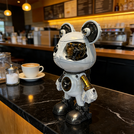 A charming steampunk mech bear robot maquette en metal with white and gold accents and visible gears, stands on a dark marble counter in a coffee shop. A cup of latte is in the background, making this 3D metal model kit a delightful steampunk puzzle for display.