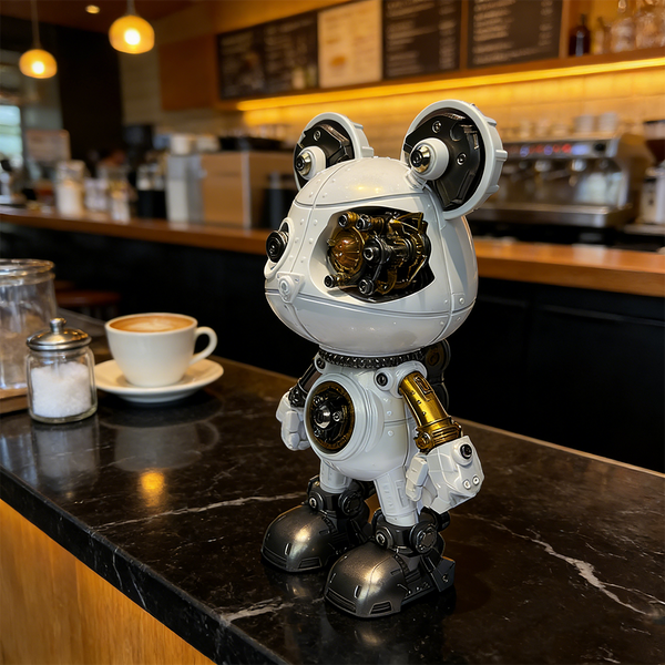 A charming steampunk mech bear robot maquette en metal with white and gold accents and visible gears, stands on a dark marble counter in a coffee shop. A cup of latte is in the background, making this 3D metal model kit a delightful steampunk puzzle for display.