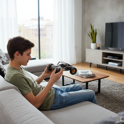 This Mechanical Off-Road Vehicle 3D Metal Puzzle Kit from Table Funny features an interlocking metal part design with red-and-yellow-accented wheels, replicating the structure of a dynamic off-road vehicle.able Funny specializes in creating interactive, screen-free build-and-play kits that merge mechanical engineering aesthetics with vibrant off-road vehicle designs. In a modern minimalist home setting where a teenager plays intently, this kit demonstrates a strong mechanical texture and playability