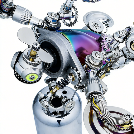 Close-up of a steampunk puzzle metal model, showcasing its iridescent main body, intricate gears, and fan details, highlighting the mechanical steampunk artistry of this 3D puzzle from Metal Kits.