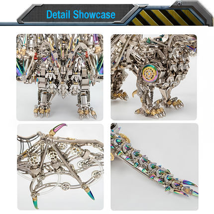 Tablefunny Metal Dragon Model Detail Showcase: Features intricate mechanical components, golden dragon claws, articulated wings, and iridescent tail scales. High-precision Tablefunny desktop collectibles and assembly kits