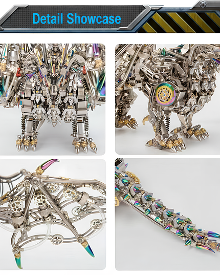 Tablefunny Metal Dragon Model Detail Showcase: Features intricate mechanical components, golden dragon claws, articulated wings, and iridescent tail scales. High-precision Tablefunny desktop collectibles and assembly kits