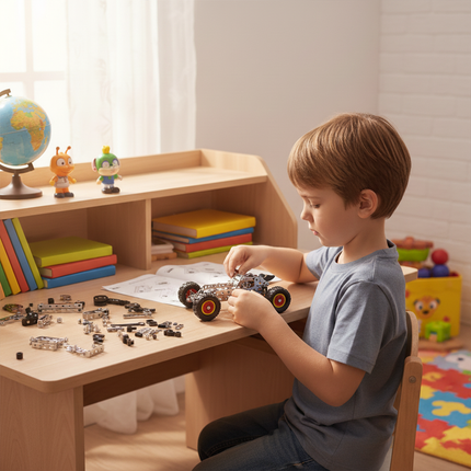 This Mechanical Off-Road Vehicle 3D Metal Puzzle Kit from Table Funny features an interlocking metal part design with red-and-yellow-accented wheels, replicating the structure of a child-friendly off-road vehicle.Table Funny specializes in creating interactive, screen-free build-and-play kits that merge mechanical engineering aesthetics with playful off-road vehicle designs. In a childlike home learning setting where a child focuses on assembling, this kit demonstrates great hands-on fun