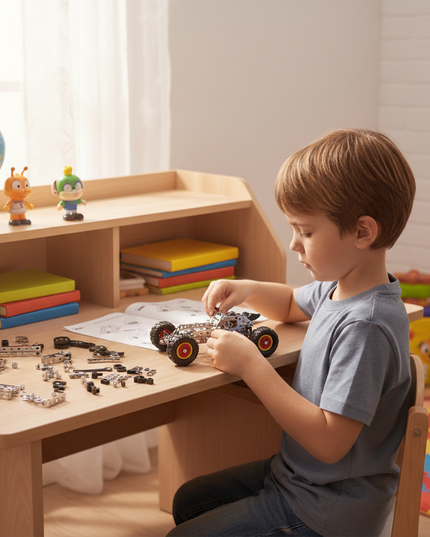 This Mechanical Off-Road Vehicle 3D Metal Puzzle Kit from Table Funny features an interlocking metal part design with red-and-yellow-accented wheels, replicating the structure of a child-friendly off-road vehicle.Table Funny specializes in creating interactive, screen-free build-and-play kits that merge mechanical engineering aesthetics with playful off-road vehicle designs. In a childlike home learning setting where a child focuses on assembling, this kit demonstrates great hands-on fun