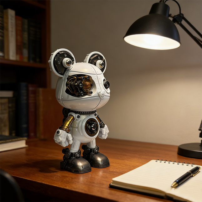 A charming steampunk mech bear robot maquette en metal with white and gold accents, featuring visible gears and mechanisms. It stands on a wooden desk under a task lamp, beside a notebook and pen, representing a delightful 3D metal model kit and steampunk puzzle.