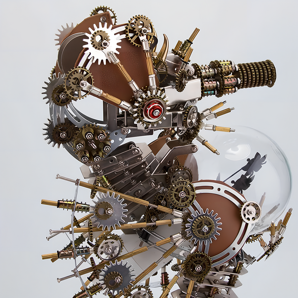 Complex mechanical steampunk bust metal model with gears, spyglass, and a clear dome revealing a small figure, an elaborate steampunk puzzle, a unique 3D puzzle from Metal Kits.