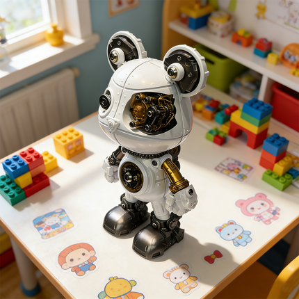 A playful steampunk mech bear robot maquette en metal with white and gold components, stands on a child's desk adorned with stickers and surrounded by colorful building blocks. This charming 3D metal model kit is a fun steampunk puzzle for younger enthusiasts.