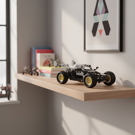 This Mechanical Off-Road Buggy 3D Metal Puzzle Kit from Table Funny features a detailed design with interlocking metallic components and yellow-accented wheels, replicating the structure of a dynamic off-road vehicle.
Table Funny is known for crafting interactive, screen-free build-and-play kits that blend mechanical engineering aesthetics with thrilling vehicle designs. Displayed on a wooden shelf in a stylish living space, this kit serves as a distinctive display piece