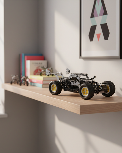 This Mechanical Off-Road Buggy 3D Metal Puzzle Kit from Table Funny features a detailed design with interlocking metallic components and yellow-accented wheels, replicating the structure of a dynamic off-road vehicle.
Table Funny is known for crafting interactive, screen-free build-and-play kits that blend mechanical engineering aesthetics with thrilling vehicle designs. Displayed on a wooden shelf in a stylish living space, this kit serves as a distinctive display piece