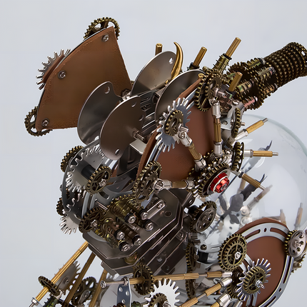 Funny table decor steampunk mechanical creature 3D puzzle metal kit - close-up of DIY metal model with interlocking brass gears, polished steel plates, leather accents, and glowing red LED, a unique desk conversation piece