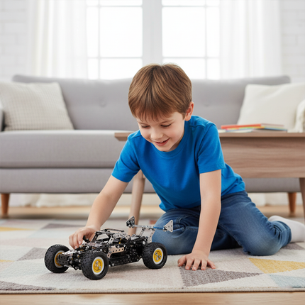 This Mechanical Sports Car 3D Metal Puzzle Kit from Table Funny features an interlocking metal part design with yellow-accented wheels, replicating the structure of a dynamic sports car.Table Funny specializes in creating interactive, screen-free build-and-play kits that merge mechanical engineering aesthetics with passionate sports car designs. In a warm home setting where a child plays intently, this kit demonstrates great playability