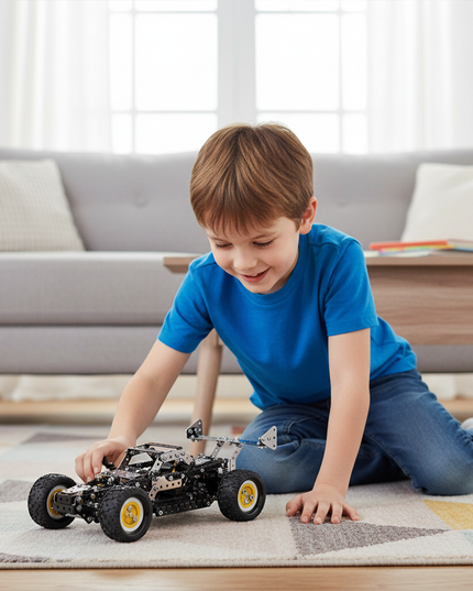 This Mechanical Sports Car 3D Metal Puzzle Kit from Table Funny features an interlocking metal part design with yellow-accented wheels, replicating the structure of a dynamic sports car.Table Funny specializes in creating interactive, screen-free build-and-play kits that merge mechanical engineering aesthetics with passionate sports car designs. In a warm home setting where a child plays intently, this kit demonstrates great playability