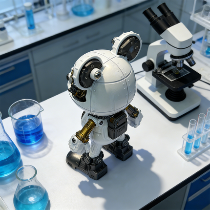  A cute steampunk mech bear robot maquette en metal with white and gold details, stands on a laboratory workbench surrounded by beakers, test tubes with blue liquids, and a microscope. This unique 3D metal model kit doubles as a playful steampunk puzzle.